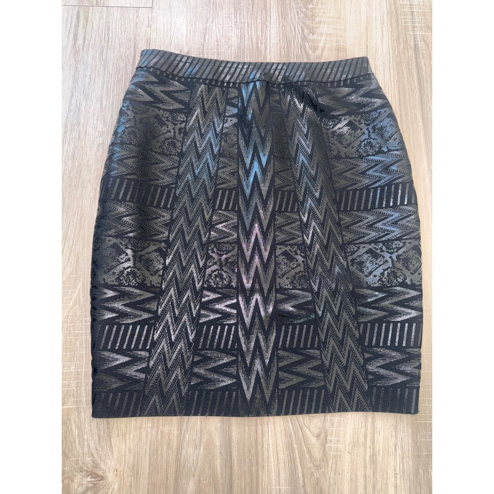 Metallic Geometric Chevron Pencil Skirt Silver Black Stretch Bodycon Medium